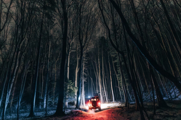 Bergrettungsauto nachts im Wald